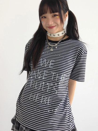 Galaxy Print Stripe Color Block Loose Casual T-Shirt