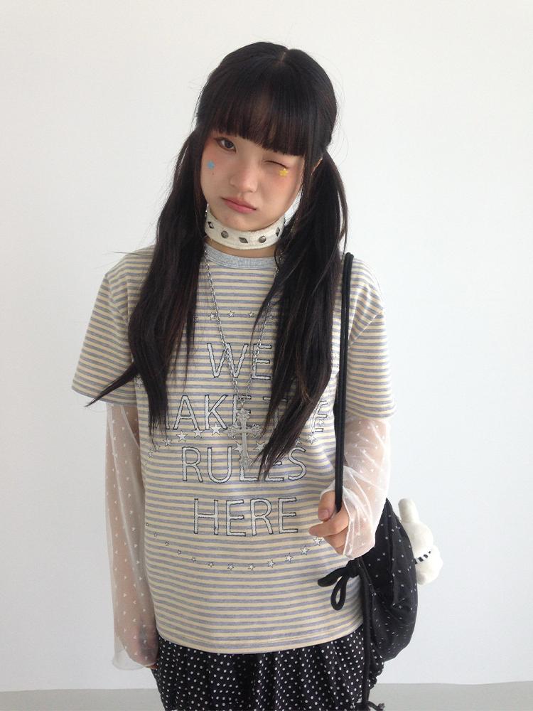 Galaxy Print Stripe Color Block Loose Casual T-shirt
