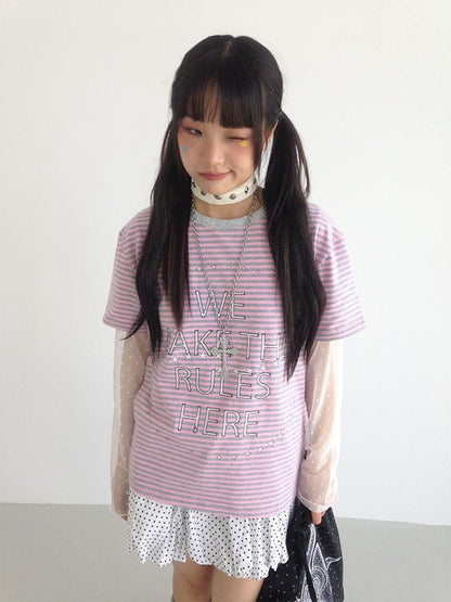 Galaxy Print Stripe Color Block Loose Casual T-shirt