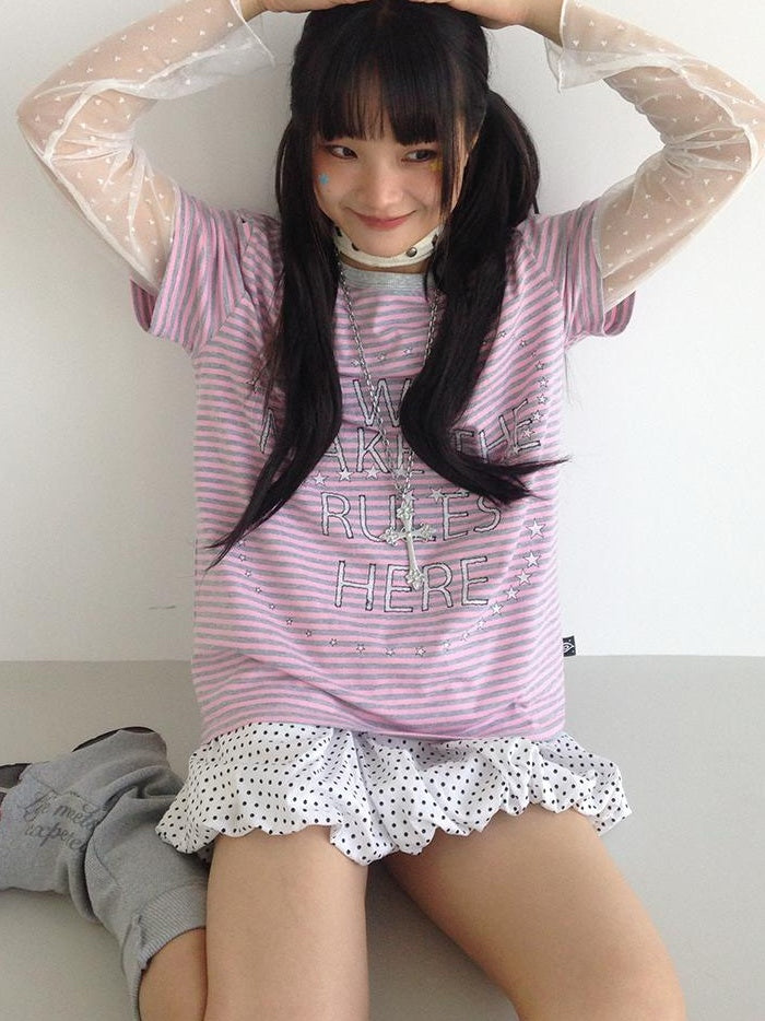 Galaxy Print Stripe Color Block Loose Casual T-shirt
