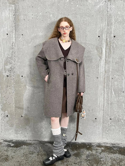 Gallery Girl Oversized Collar Wool Coat With Horn Buttons