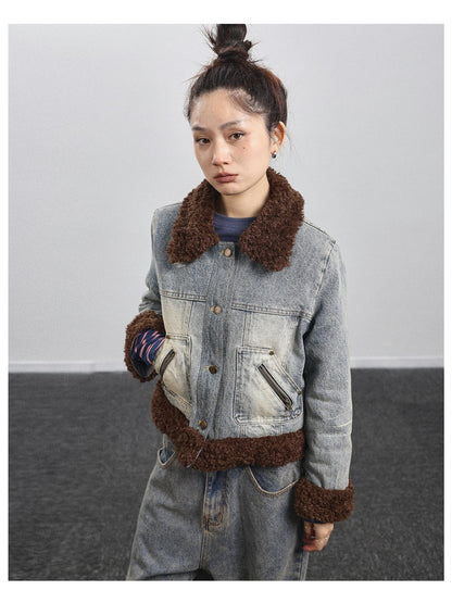 Achihara Retro Denim Trimmed Wool Blend Coat