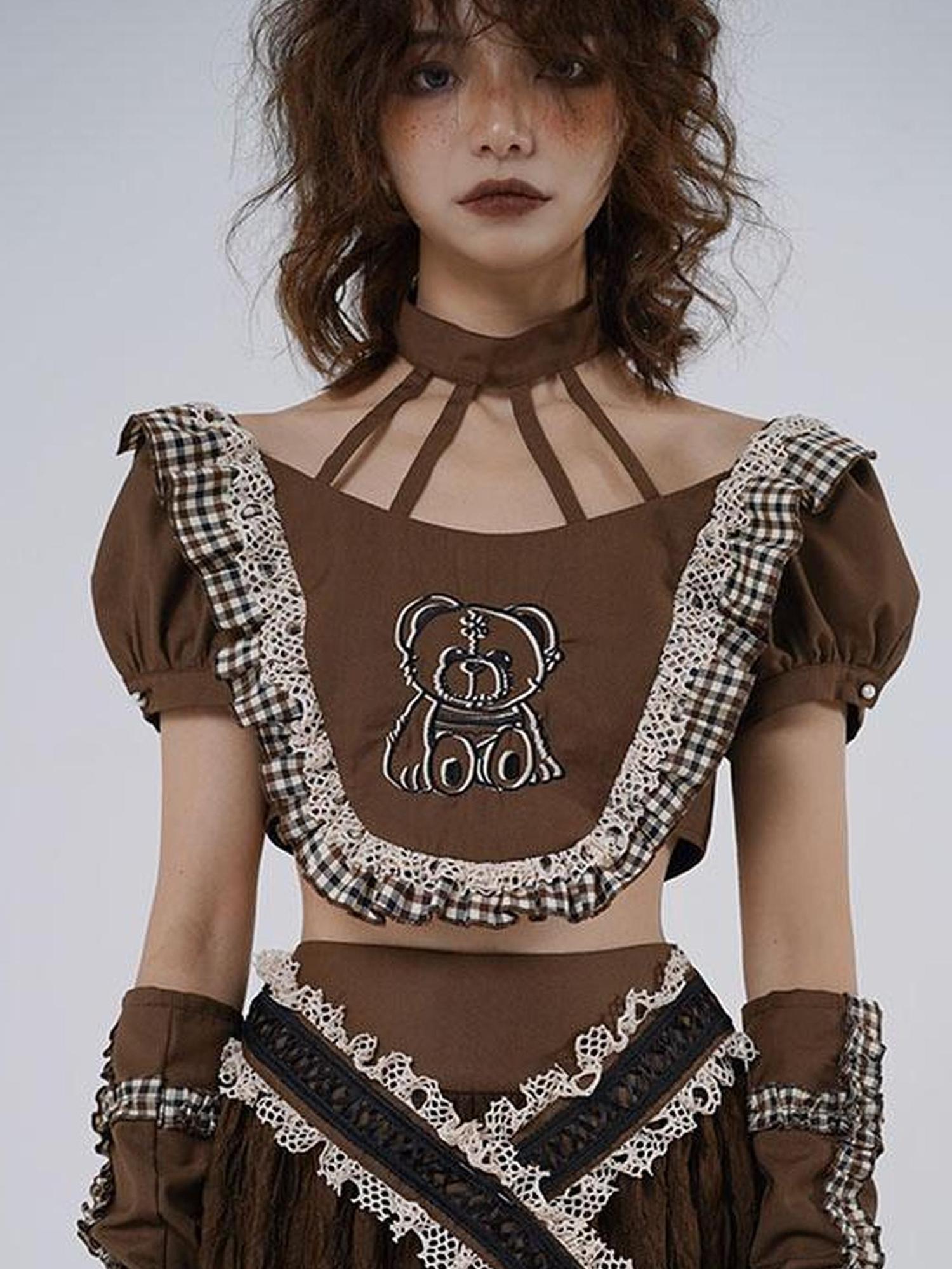 WSW WUSHENWU Gentle Earth Bear Embroidered Top