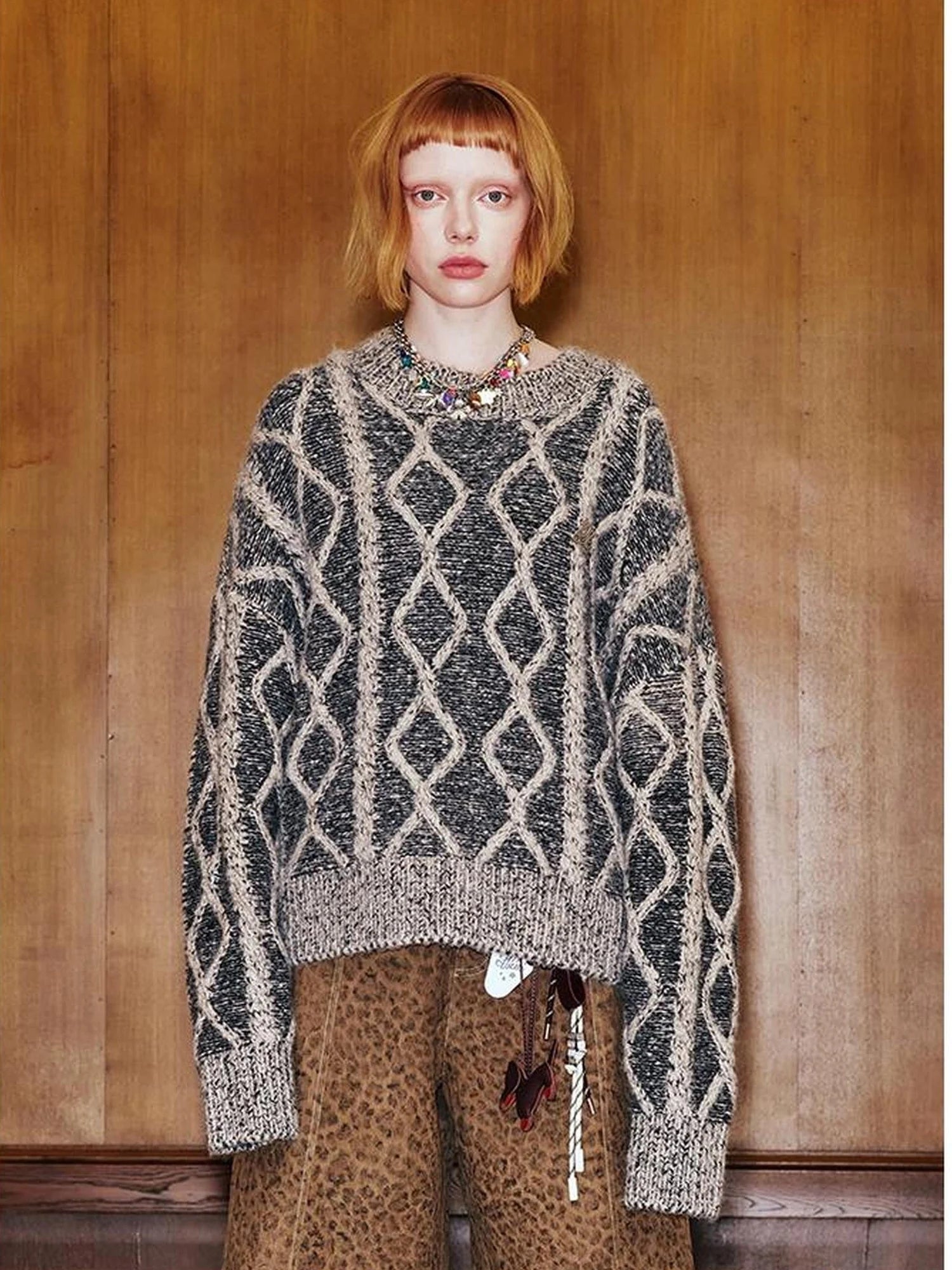Geometric Cable Knit Wool Blend Sweater