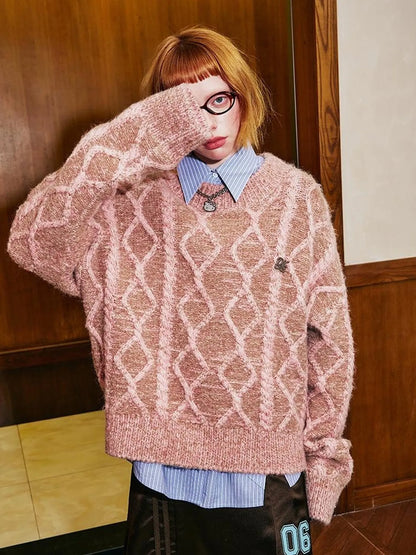 Geometric Cable Knit Wool Blend Sweater