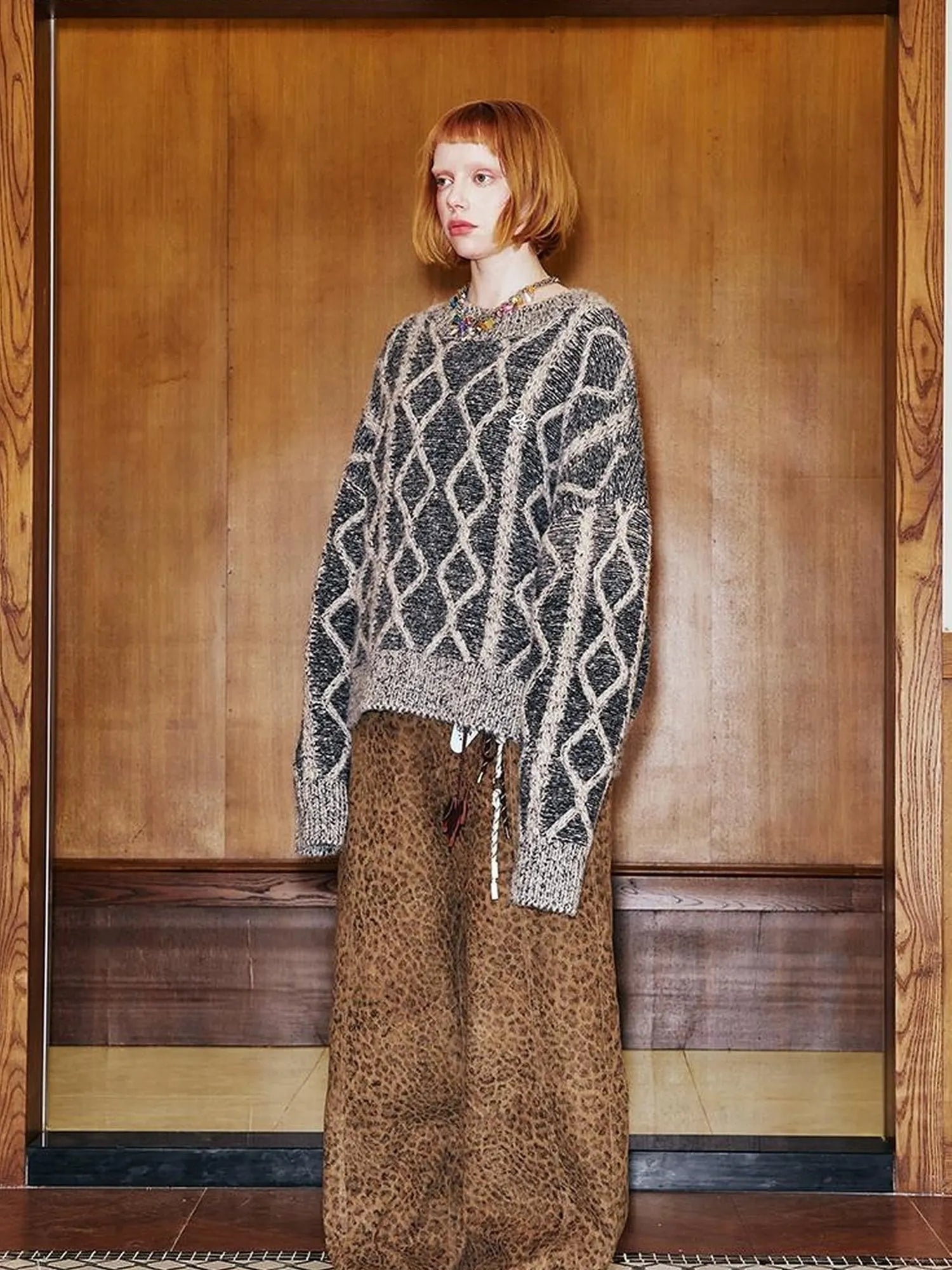 Geometric Cable Knit Wool Blend Sweater