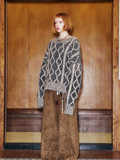 Geometric Cable Knit Wool Blend Sweater