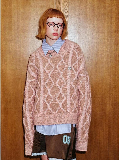 Geometric Cable Knit Wool Blend Sweater