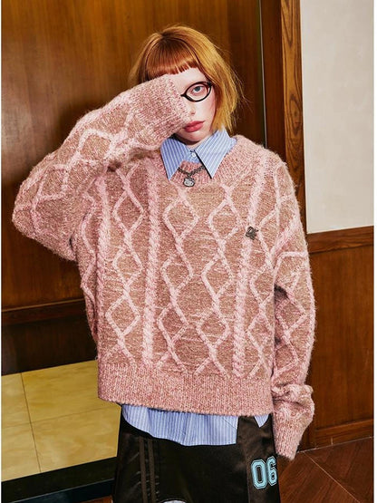 Geometric Cable Knit Wool Blend Sweater