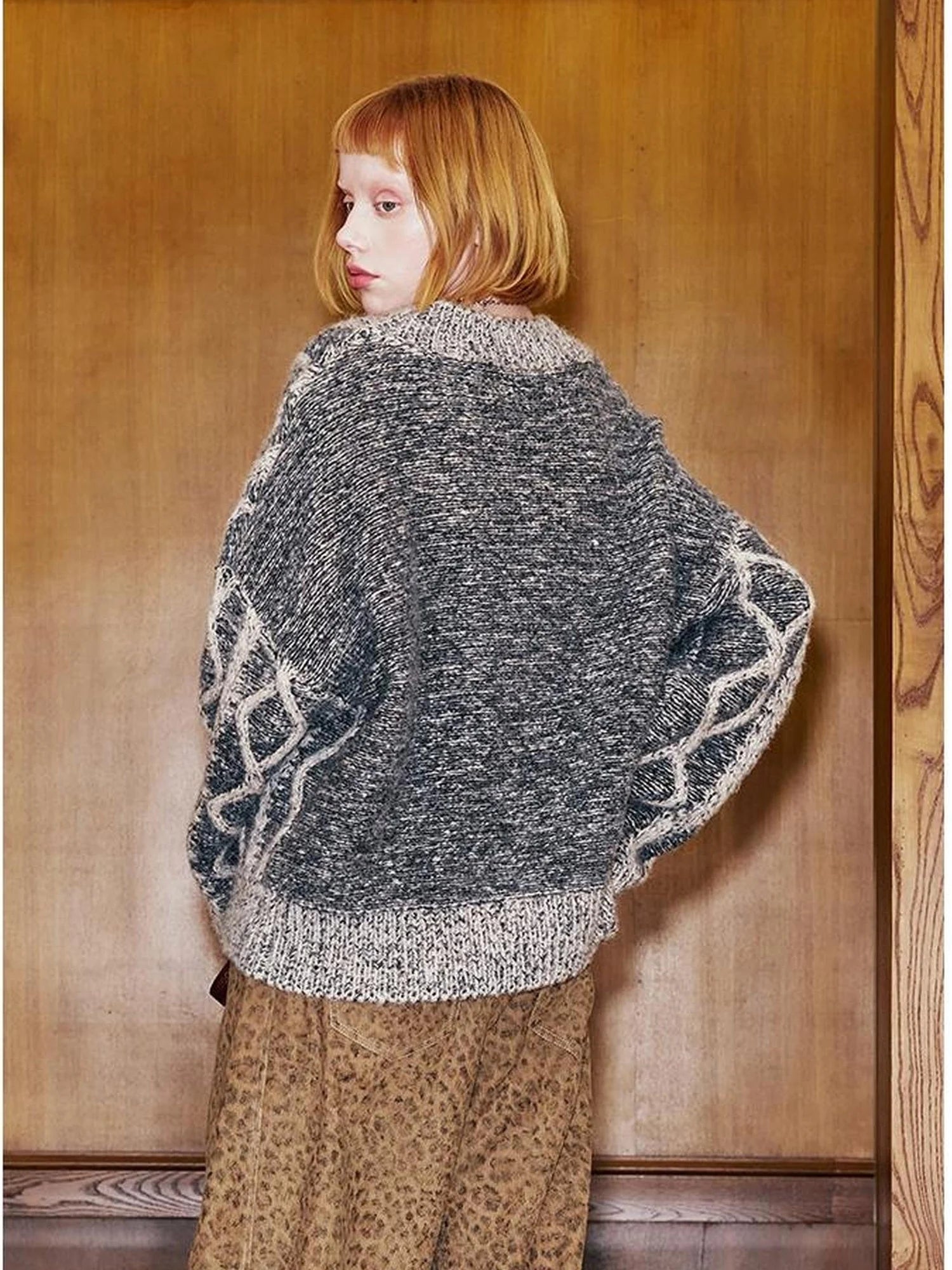 Geometric Cable Knit Wool Blend Sweater
