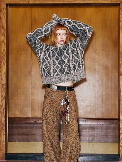 Geometric Cable Knit Wool Blend Sweater