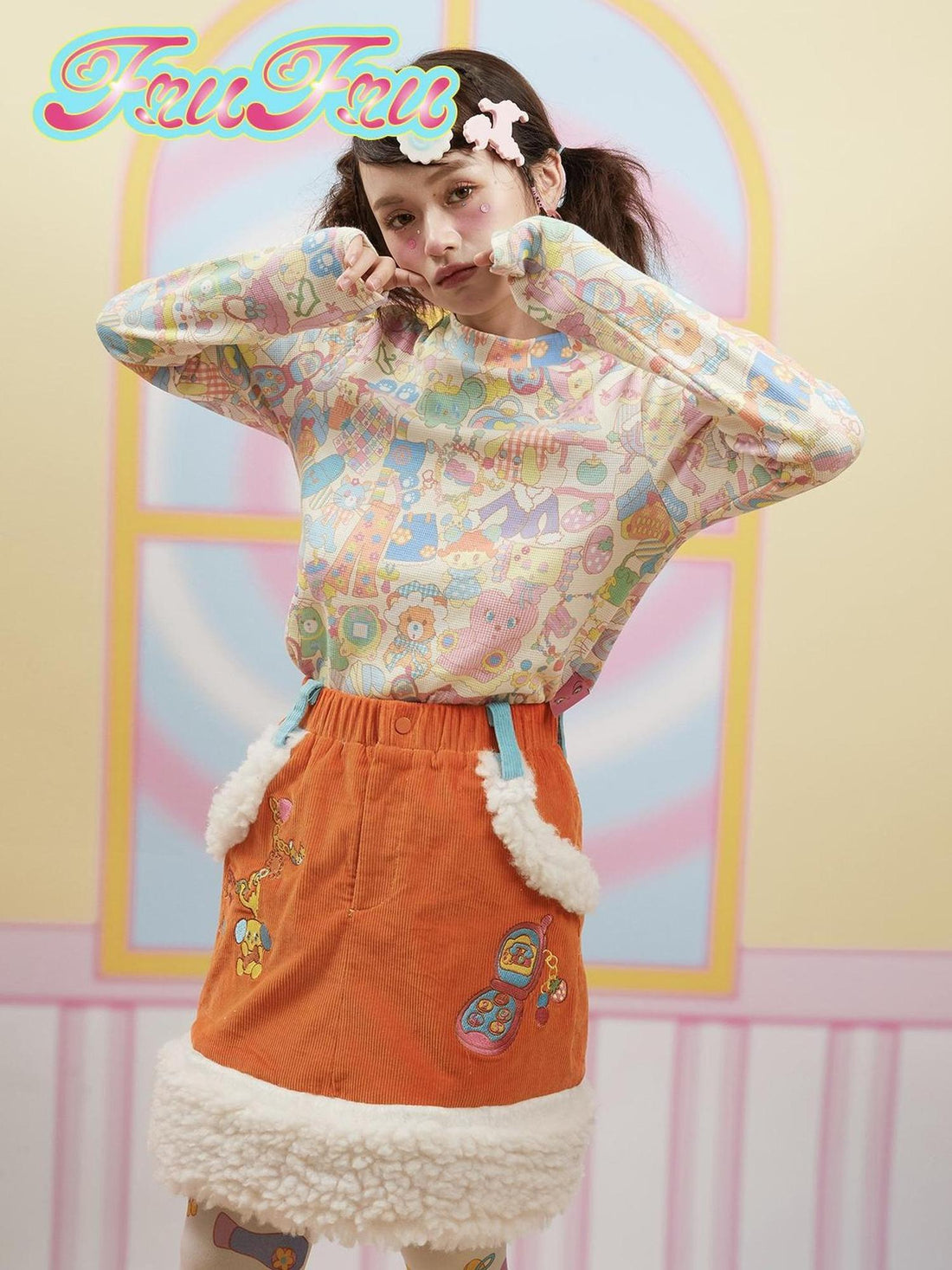 Frufru Gulu Girl Cute Print Waffle Pants Long Sleeve Set Beige Autumn Winter