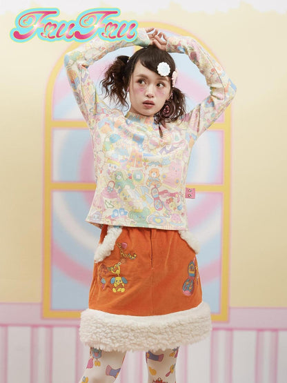 Frufru Gulu Girl Cute Print Waffle Pants Long Sleeve Set Beige Autumn Winter