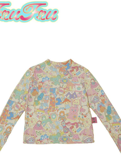 Frufru Gulu Girl Cute Print Waffle Pants Long Sleeve Set Beige Autumn Winter