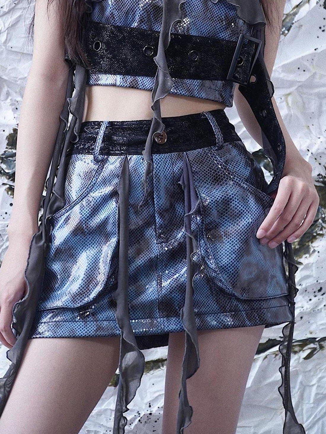 WSW WUSHENWU Glamorous Fringe Snake Print Leather Skirt