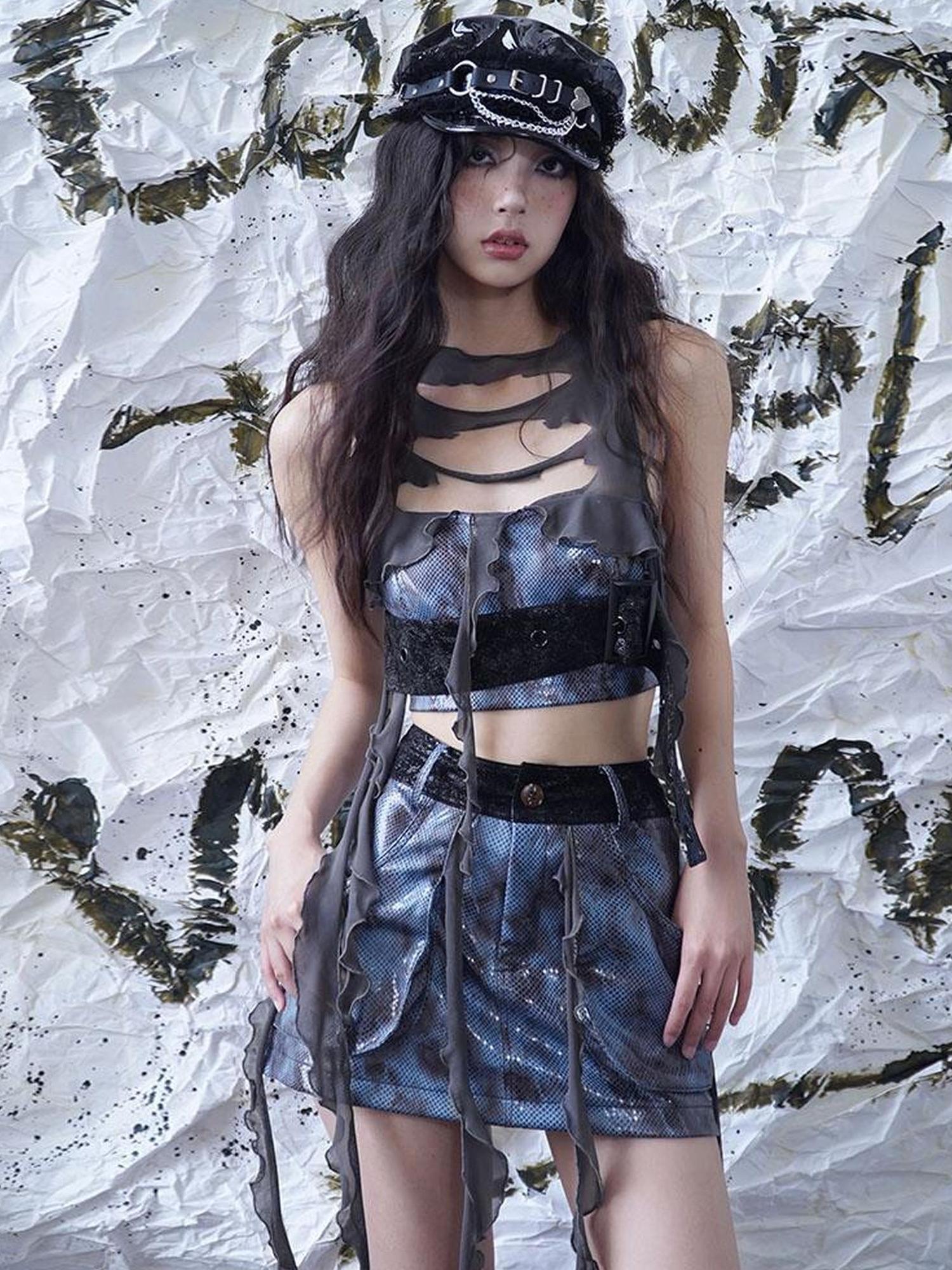 WSW WUSHENWU Glamorous Fringe Snake Print Leather Skirt