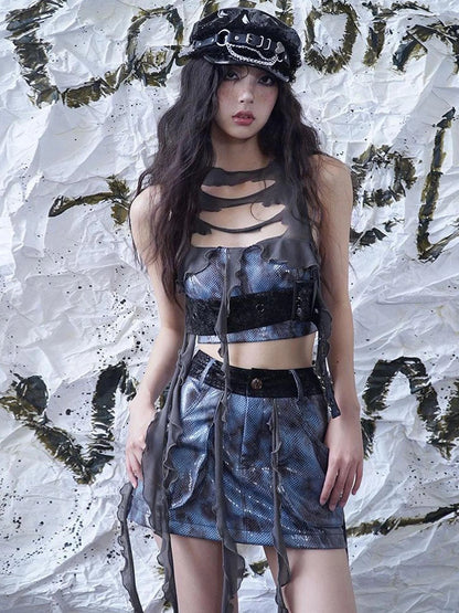 Glamorous Fringe Snake Print Leather Skirt