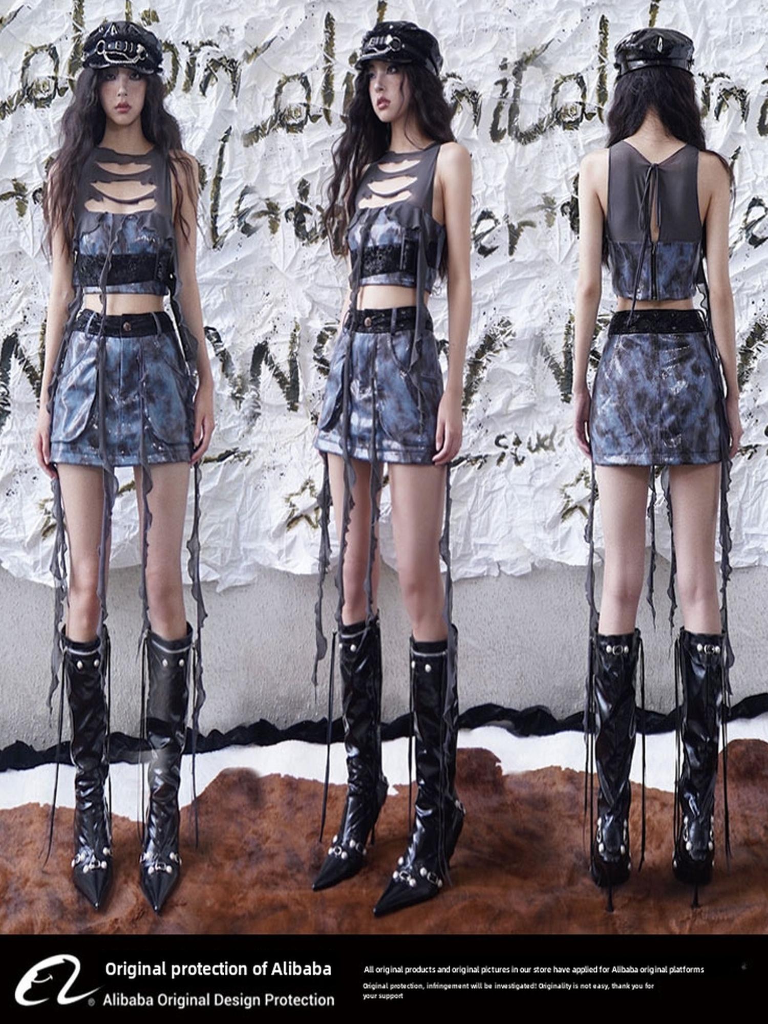 WSW WUSHENWU Glamorous Fringe Snake Print Leather Skirt