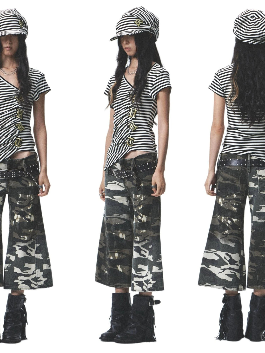 Gothic Embroidered Asym High Elastic Stripe Tee