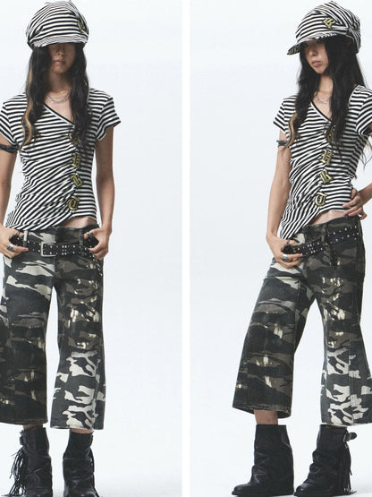 Gothic Embroidered Asym High Elastic Stripe Tee