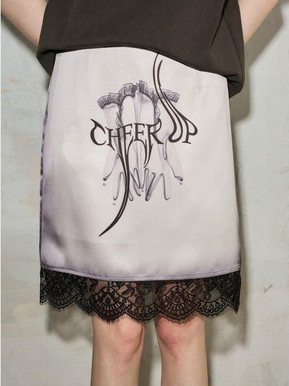 DIDDI MODA Gothic Glove Print Lace Satin Straight Mini Skirt