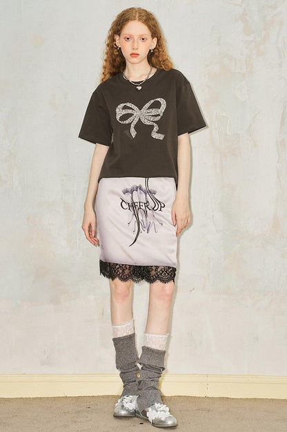 DIDDI MODA Gothic Glove Print Lace Satin Straight Mini Skirt