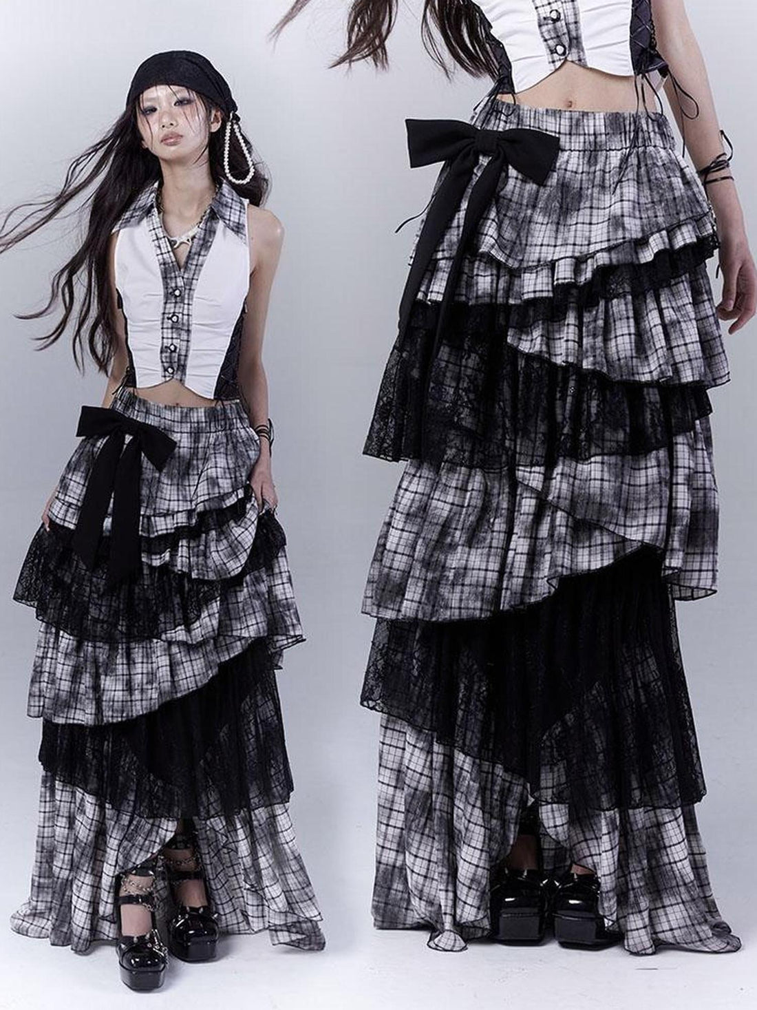 WSW WUSHENWU Gothic Lace Plaid Asymmetrical Cake Skirt
