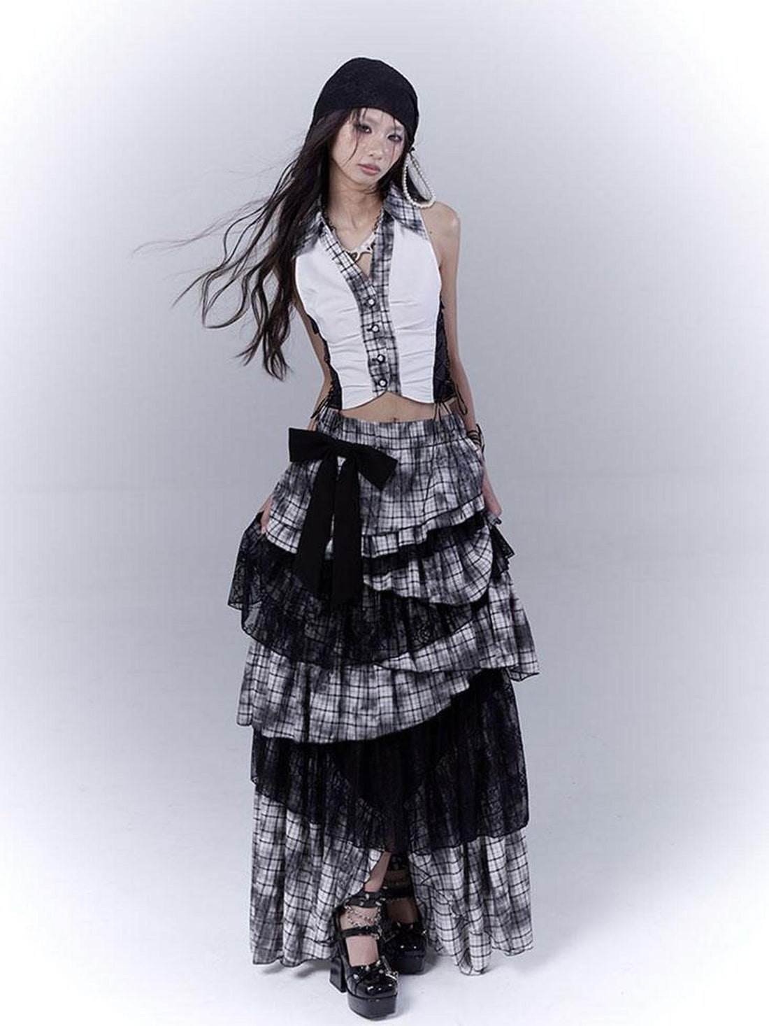 WSW WUSHENWU Gothic Lace Plaid Asymmetrical Cake Skirt