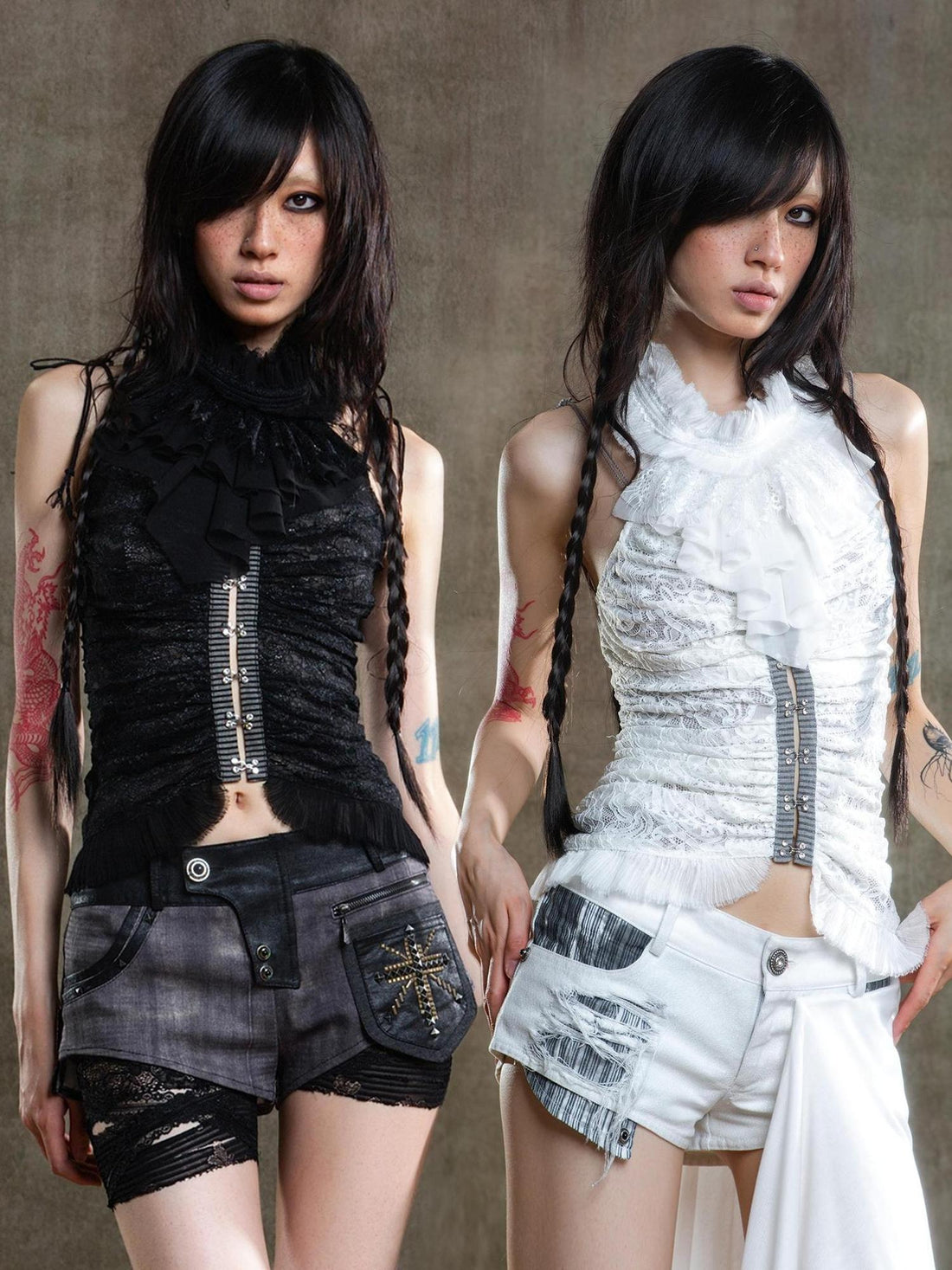 ARIADNAw Gothic Lace Punk Corset Bustier With Multi Pleats
