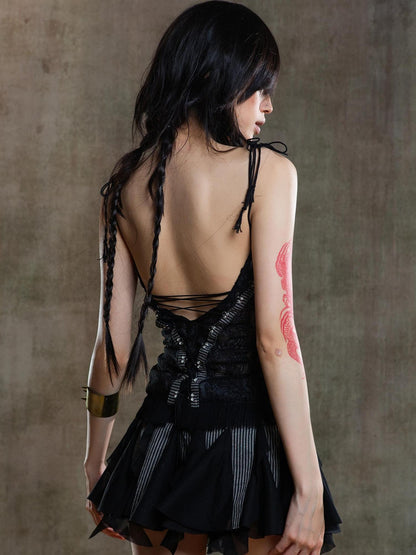 ARIADNAw Gothic Lace Punk Corset Bustier With Multi Pleats