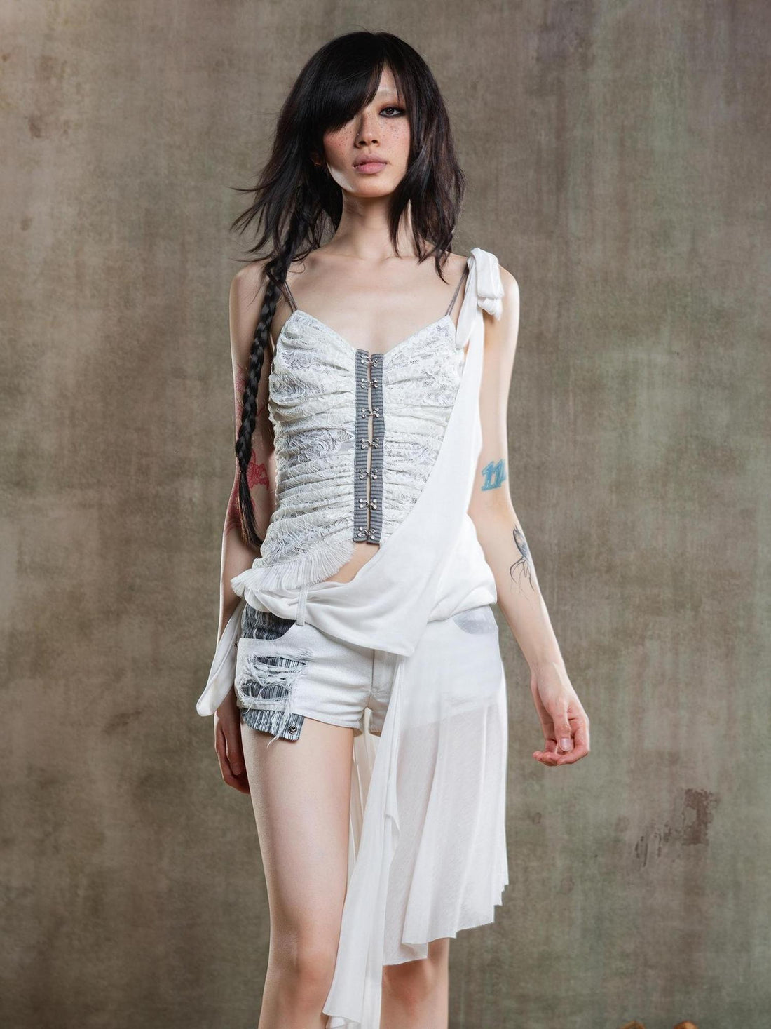 ARIADNAw Gothic Lace Punk Corset Bustier With Multi Pleats