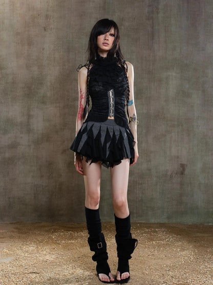 Gothic Lace Punk Corset Bustier With Multi Pleats