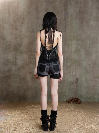 Gothic Lace Punk Corset Bustier With Multi Pleats