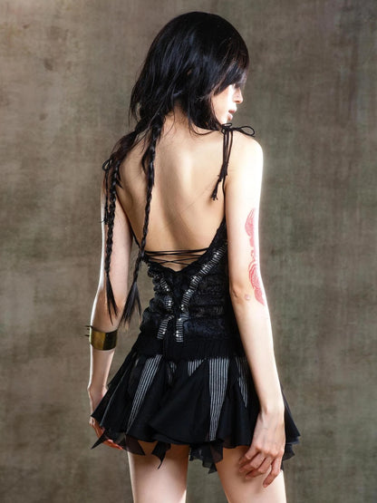 Gothic Lace Punk Corset Bustier With Multi Pleats