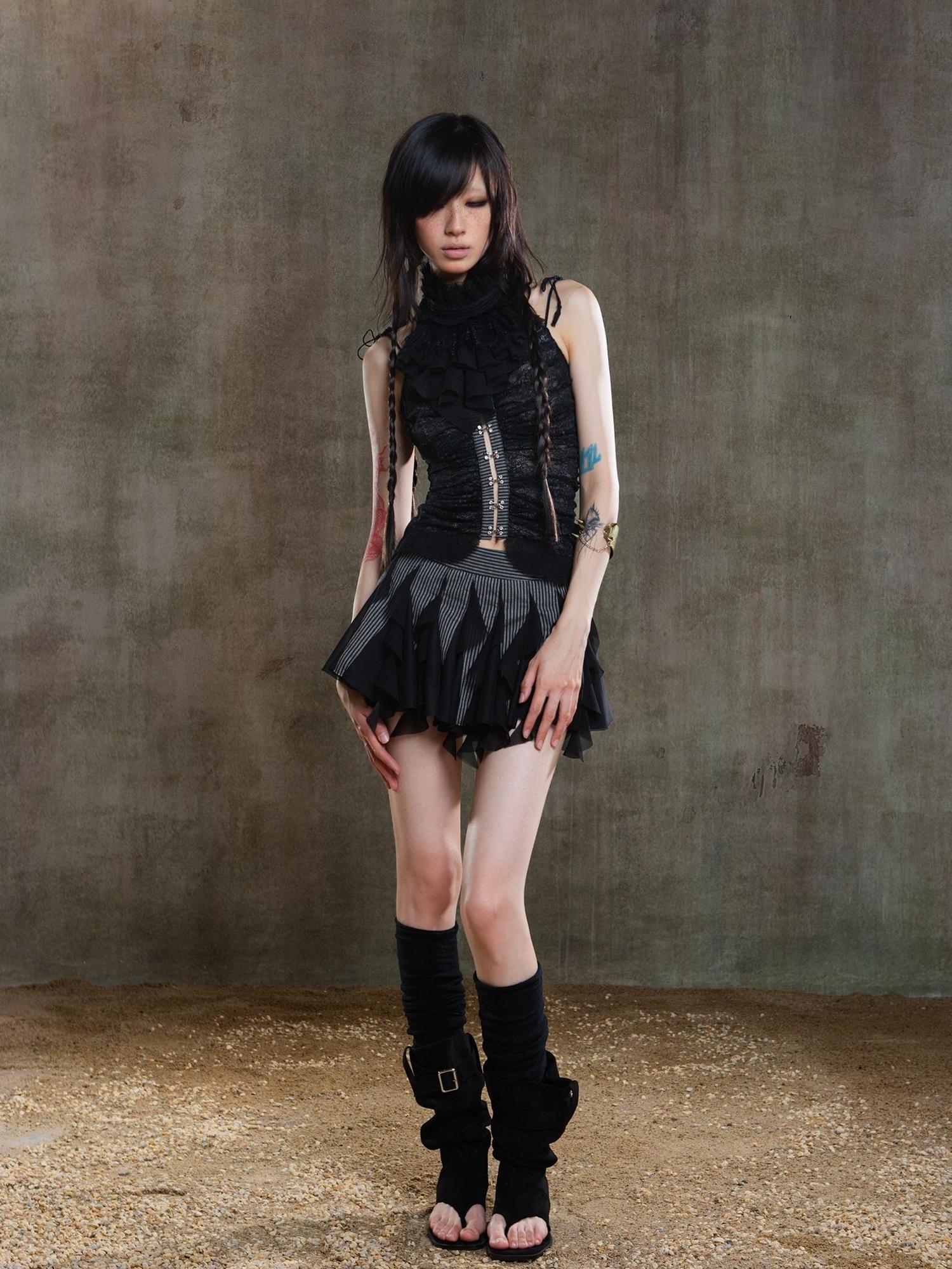 ARIADNAw Gothic Lace Punk Corset Bustier With Multi Pleats