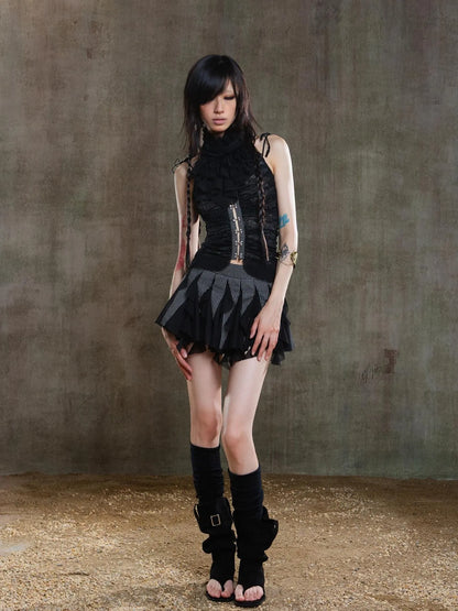 Gothic Lace Punk Corset Bustier With Multi Pleats