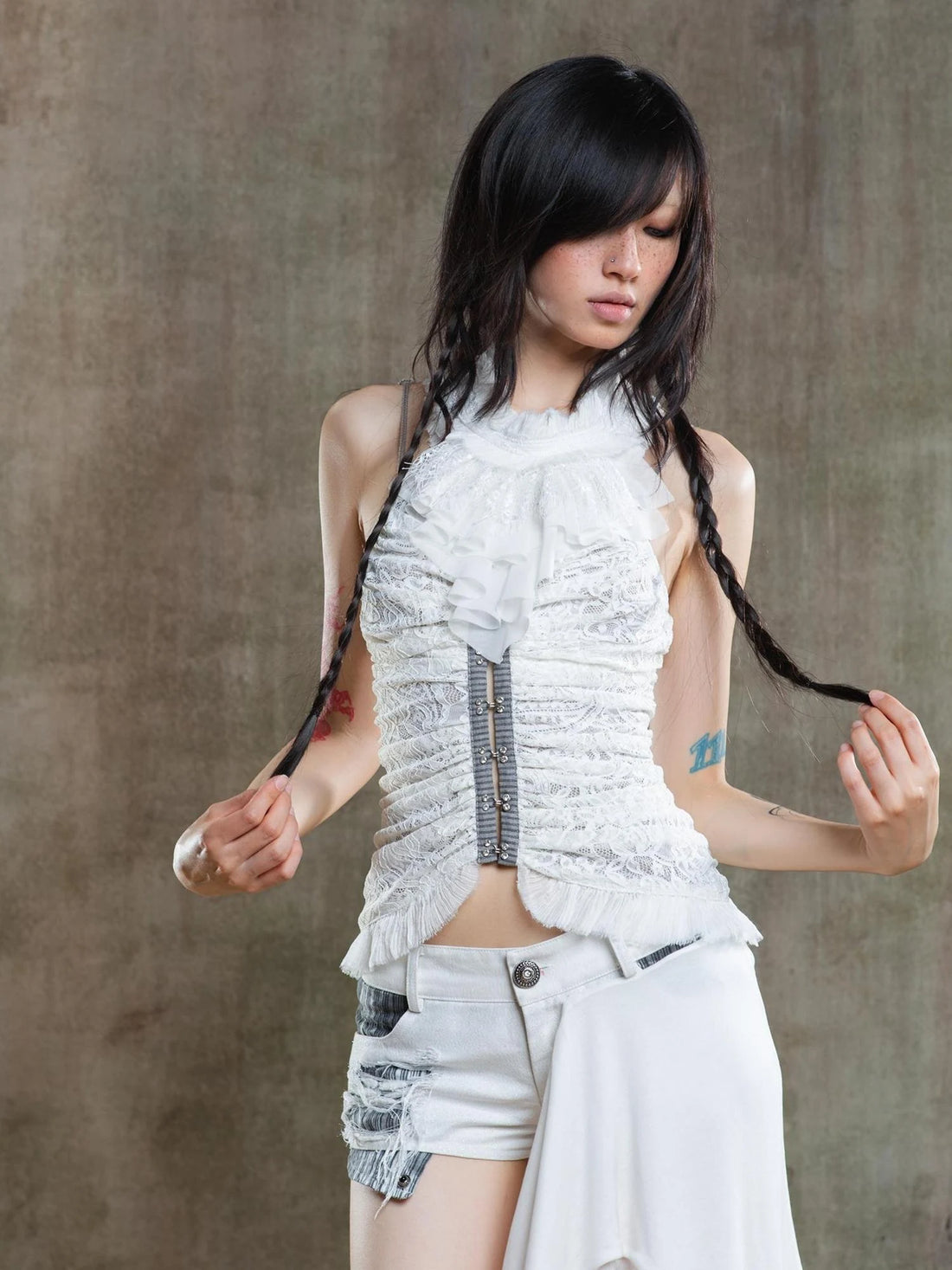 Gothic Lace Punk Corset Bustier With Multi Pleats