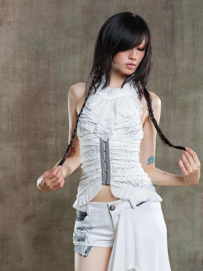 Gothic Lace Punk Corset Bustier With Multi Pleats