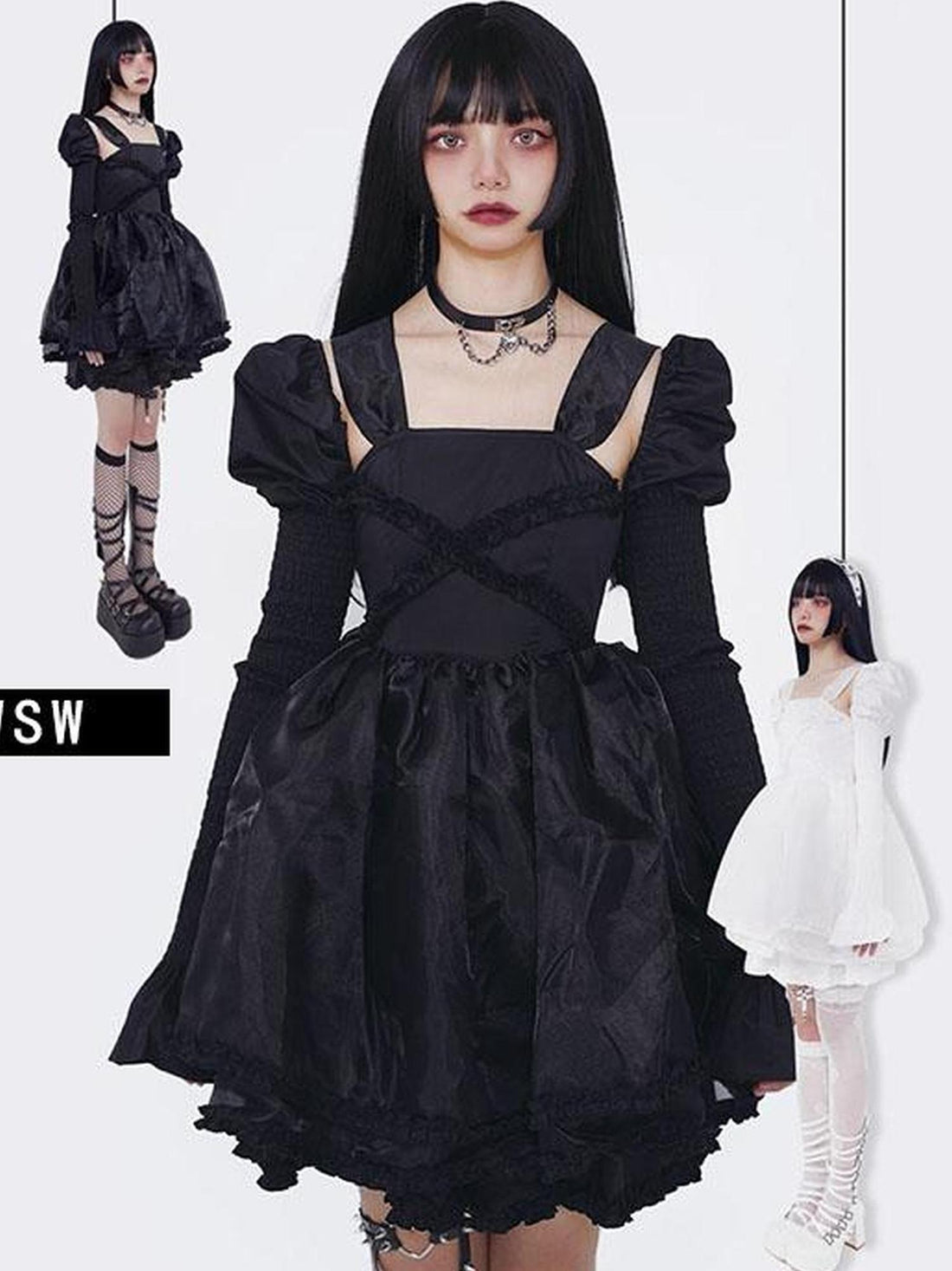 WSW WUSHENWU Gothic Lolita Princess Puff Sleeve Dress Black White