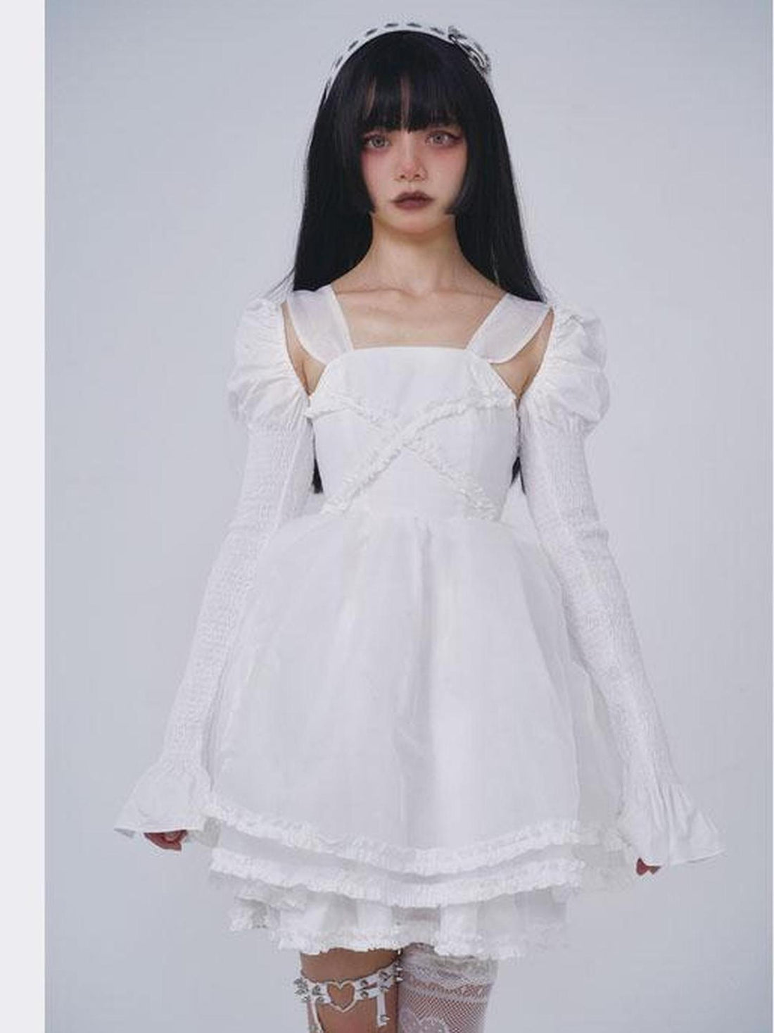 WSW WUSHENWU Gothic Lolita Princess Puff Sleeve Dress Black White