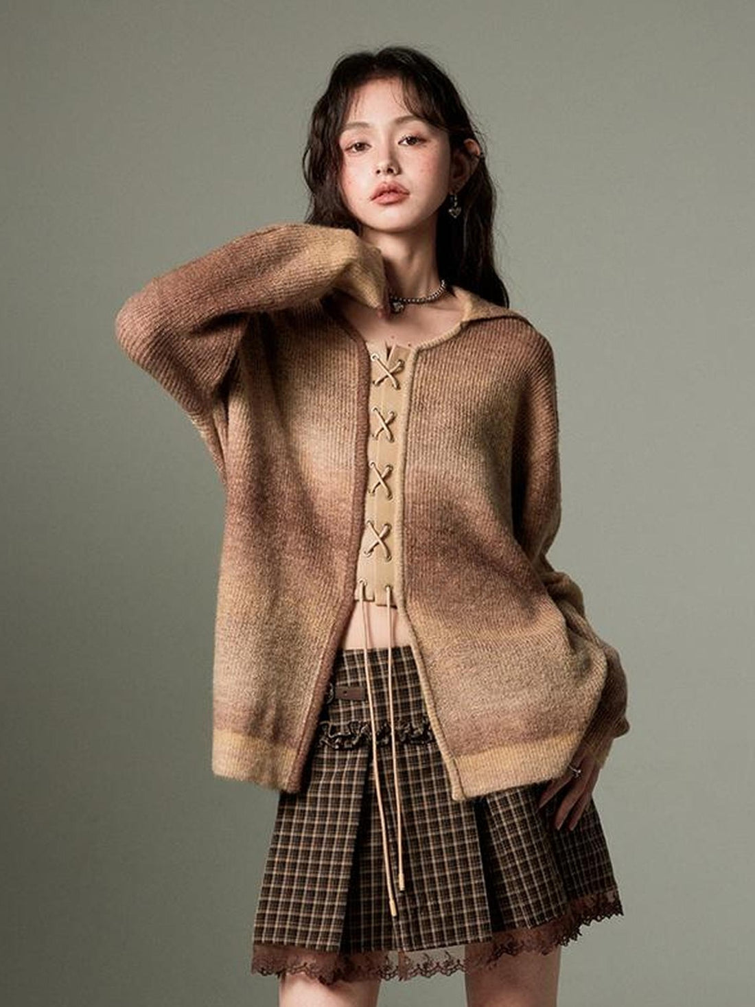 DIDDI MODA Gradient Knit Cardigan With Leather Ties