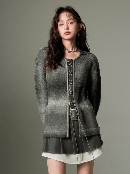 DIDDI MODA Gradient Knit Cardigan With Leather Ties