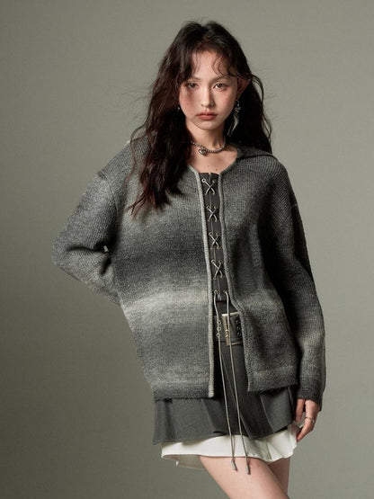 DIDDI MODA Gradient Knit Cardigan With Leather Ties