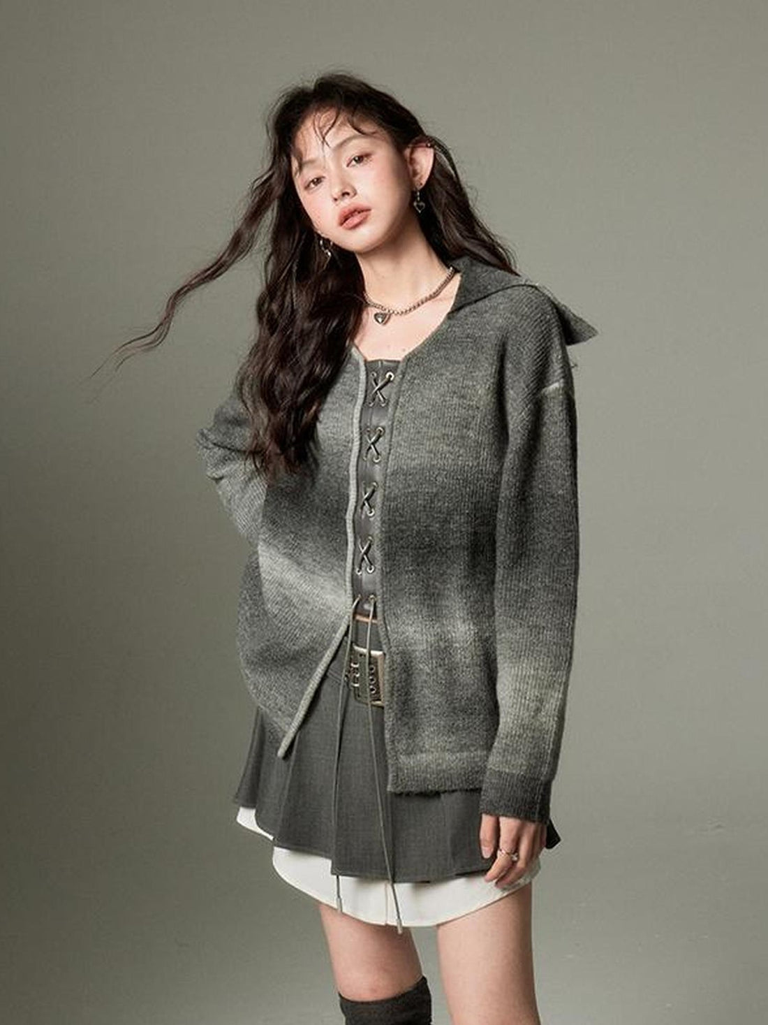 DIDDI MODA Gradient Knit Cardigan With Leather Ties