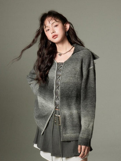 DIDDI MODA Gradient Knit Cardigan With Leather Ties
