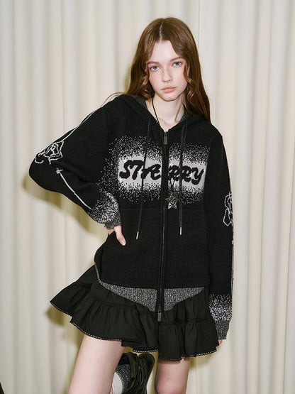 DIDDI MODA Gradient Knit Zip Hoodie With Speckle Jacquard