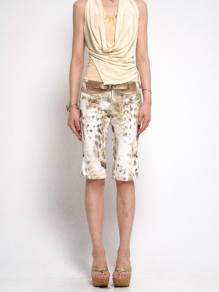 Flowers birds Market Gradient Leopard Print Non-Stretch Denim Stitching Pu Leather Shorts