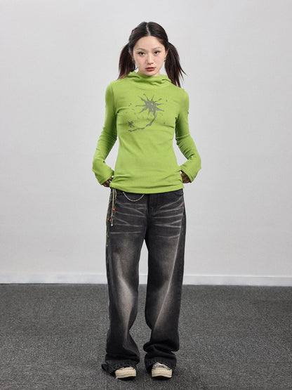 Achihara Hooded Star Print Thermal Long Sleeve T Shirt