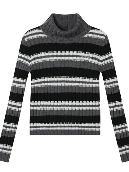 Women Striped Knit Sweater Short Sleeve Round Neck Slim Fit Top