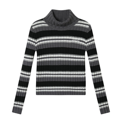 Achihara Women Striped Knit Sweater Short Sleeve Round Neck Slim Fit Top